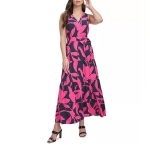 DKNY Women's Sleeveless V-Neck Floral Tiered Midi Dress Tie Waist Size 12 NWOT